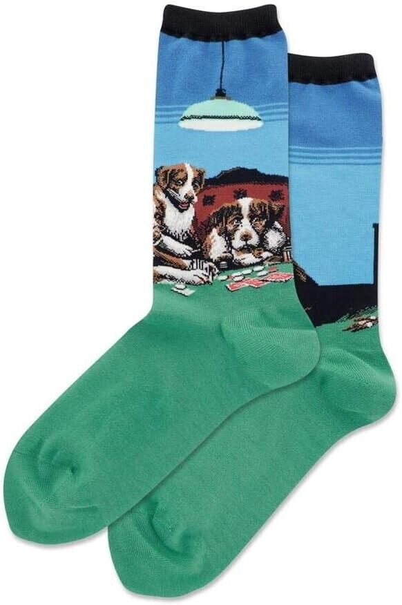 HOT SOX Women's Coolidges Poker Game Crew Socks 9-11 Green Dogs Novelty